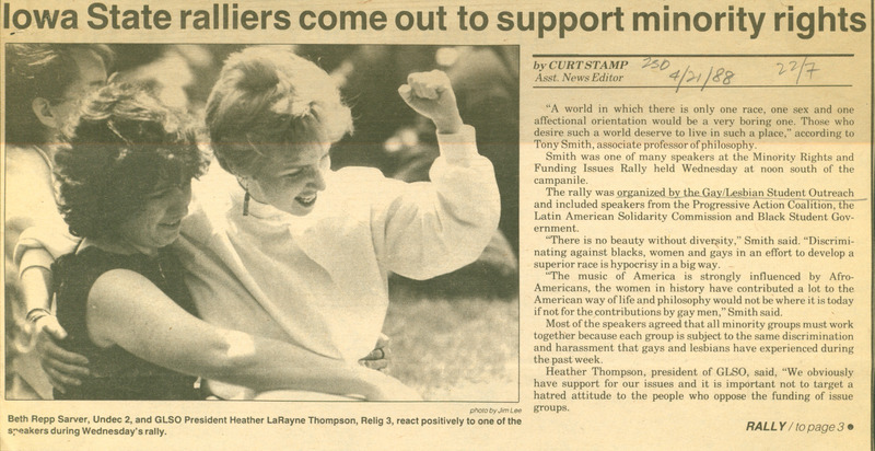 Iowa State Daily article discussing how Iowa State students came to a rally hosted by the Gay/Lesbian Student Outreach (GLSO), in order to support minority rights.