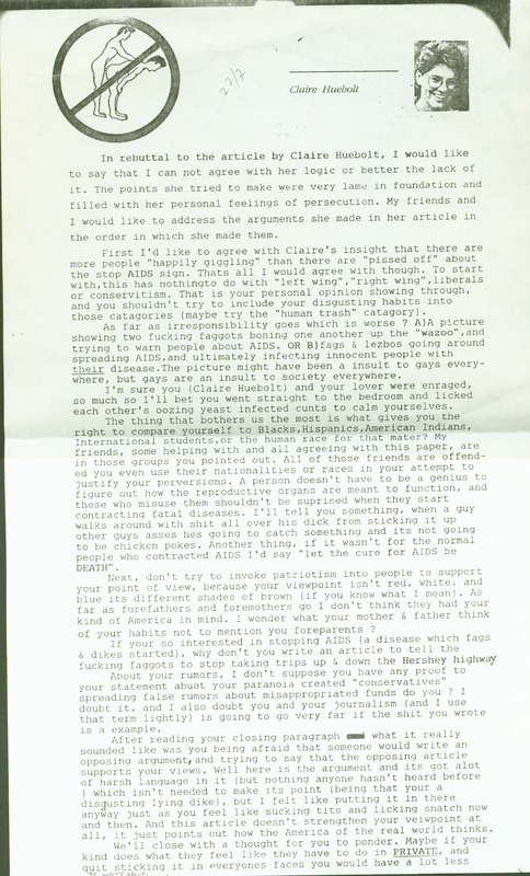 Flier posted in rebuttal to Claire Hueholt's article on the "stop AIDS signs" appearing at Iowa State University.