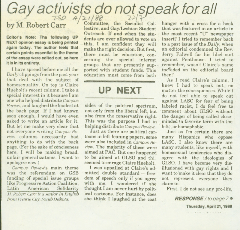 Iowa State article discussing how Claire Hueholt's remarks in the ISU Daily do not represent all members of the LGBT+ community at Iowa State. Carr is LGBT+ but "right-wing."