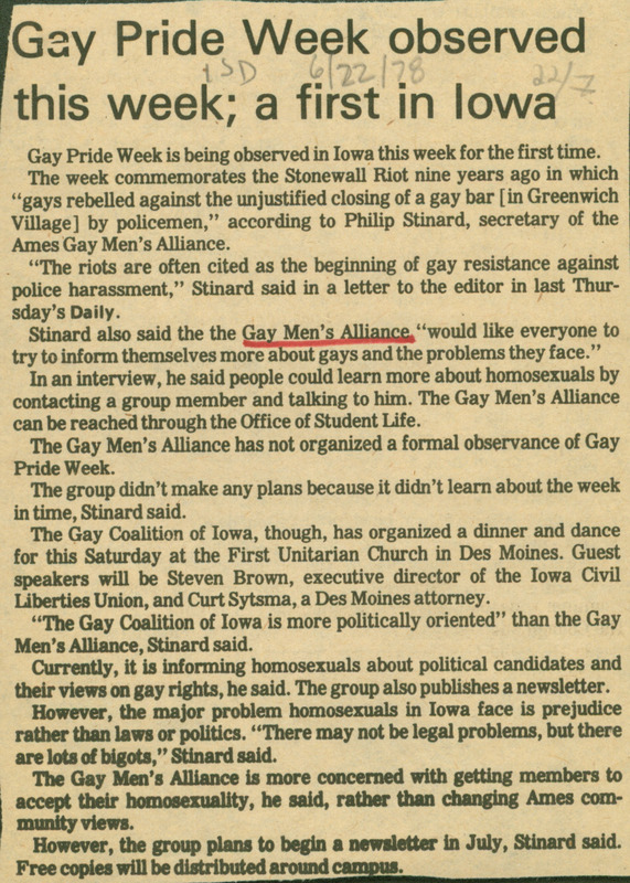 Iowa State Daily article about Gay Pride Week being observed for in Iowa for the first time.