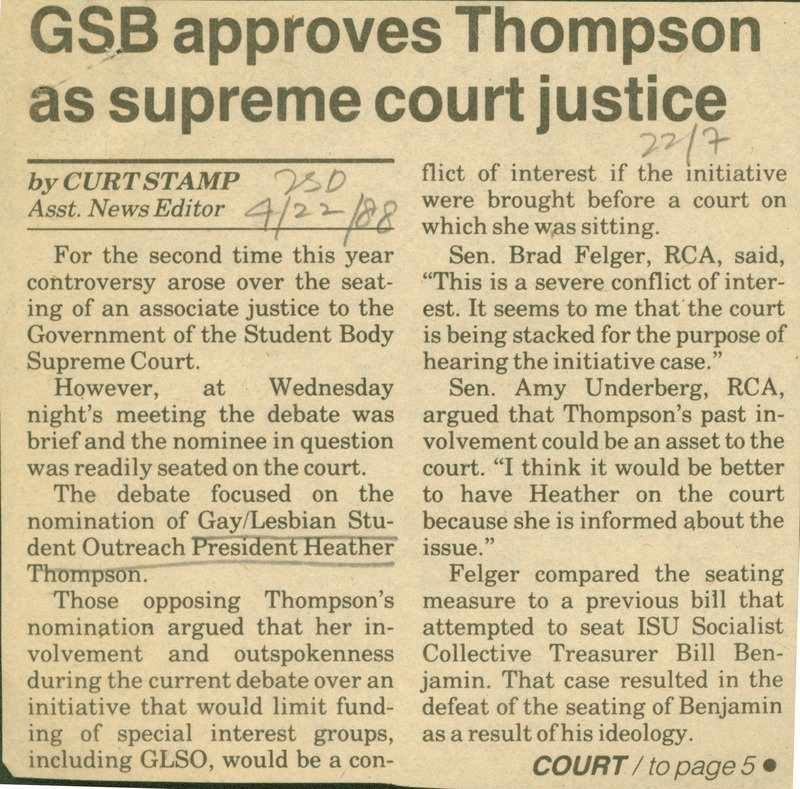Iowa State Daily article discussing Heather Thompson's nomination to be supreme court justice of the student government, while some students were against it.