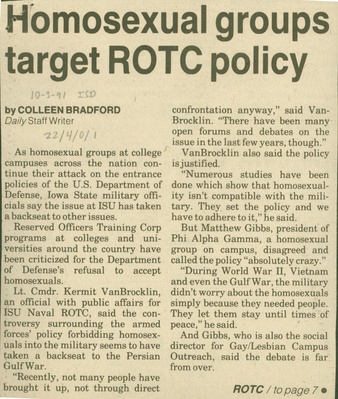 Iowa State Daily article discussing  the ROTC policy that discriminated against people who are LGBT+.
