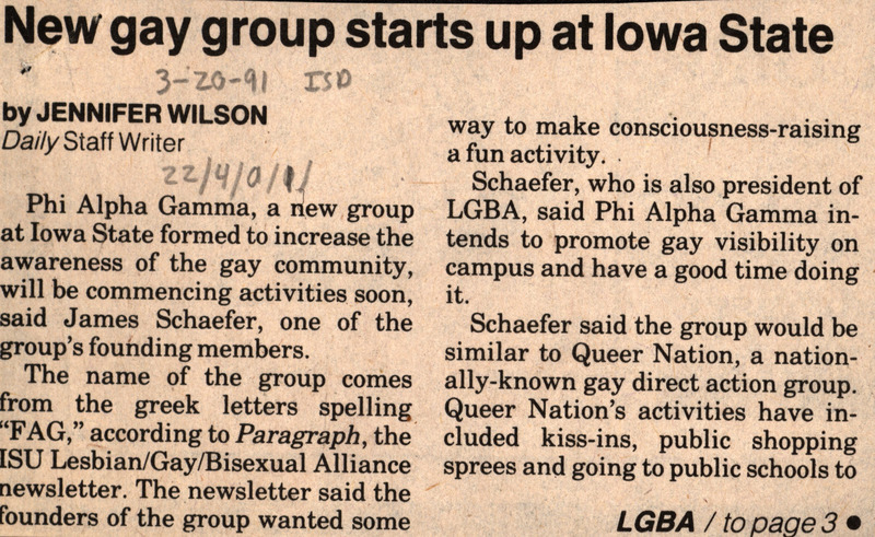 Iowa State Daily article discussing a  new student group on campus. The group, Phi Alpha Gamma, was formed to increase the awareness of the gay community at Iowa State University.