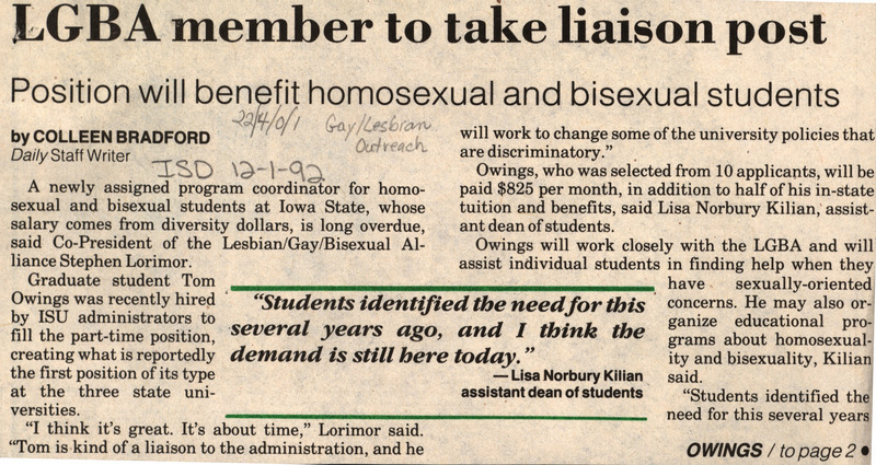 Iowa State Daily article discussing Tom Owings, a graduate student, new role as a liaison for students who are LGBT on Iowa State University campus.