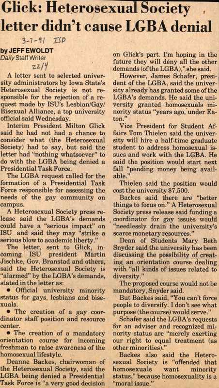 Iowa State Daily article discussing a letter from the Heterosexual Society did not affect the denial of a presidential task force representing LGBT+ students at Iowa State University.