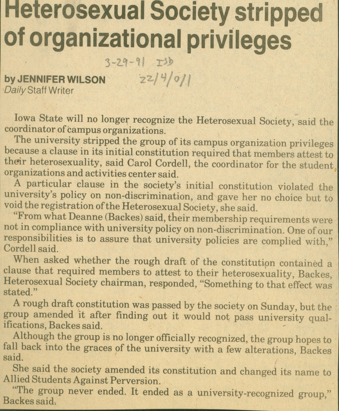 Iowa State Daily article discussing the debarment of the  Heterosexual Society and how Iowa State is no longer recognizing it as an official organization.