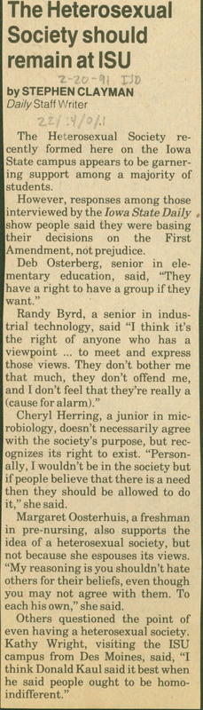 Iowa State Daily article discussing how the Heterosexual Society should stay at Iowa State University because it is an interest group at the University.