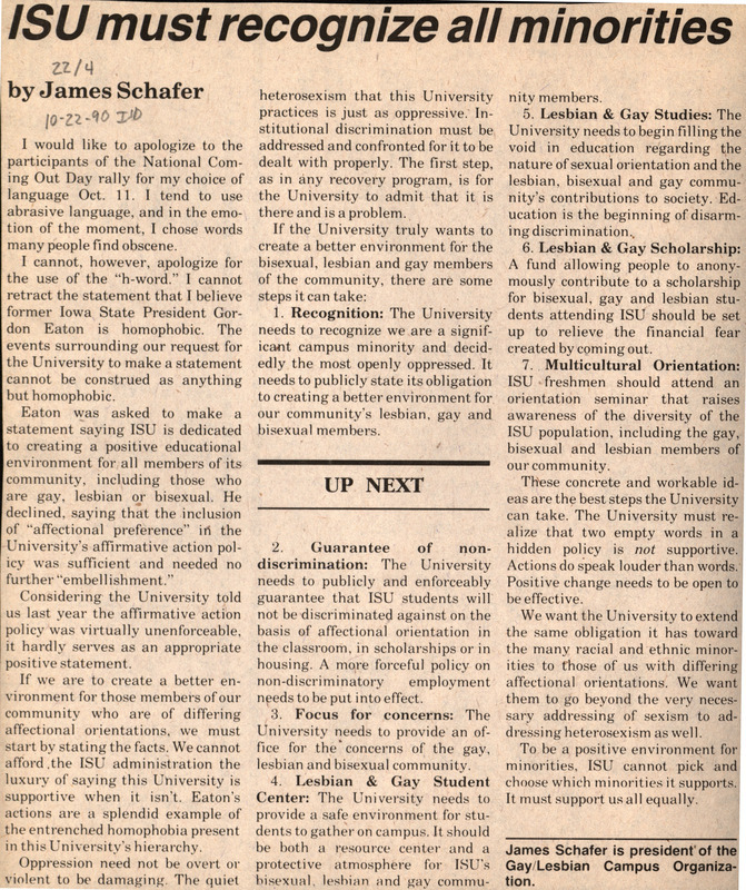 Iowa State Daily article discussing how Iowa State University should recognize LGBT+ students as sexual minorities and should be given minority status.