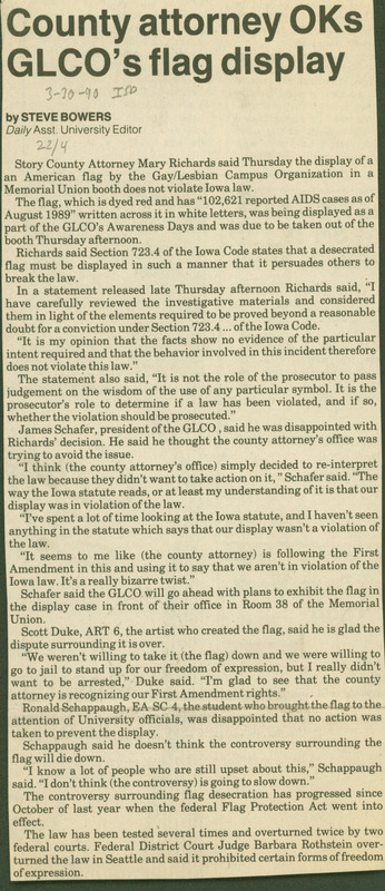 Iowa State Daily article discussing the  county attorney approval to display the USA flag dyed red, to represent with the  number of  people who have died of AIDS.