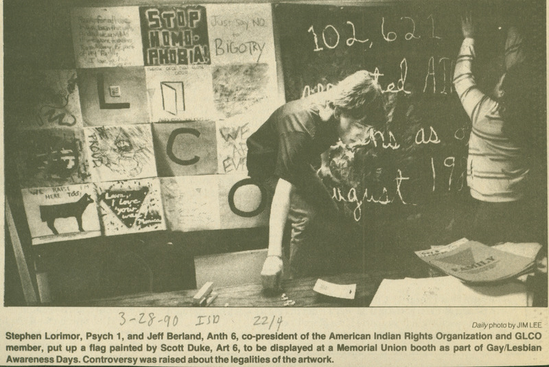 Iowa State Daily clipping showing the GLCO's display of a USA flag dyed red with the number of people who had died from AIDS.