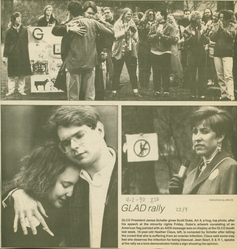 Iowa State Daily clipping showing various photos from a GLAD rally.