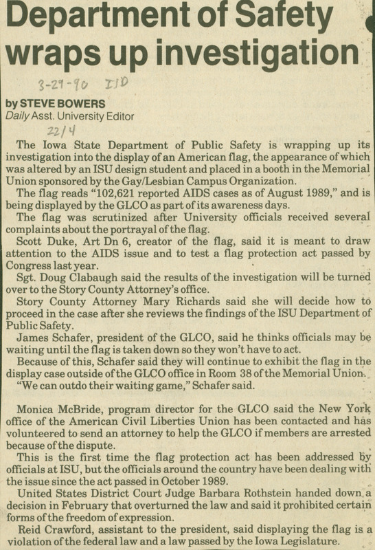 Iowa State Daily article discussing a Department of Safety investigation, that concluded that the flag altered by the GLCO was a violation of the federal law.