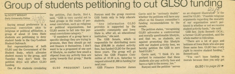 Iowa State Daily article discussing  a group of students on campus wanting to cut funding from the Gay/Lesbian Student Outreach group (GLSO) because they don't agree with the organizations purpose.