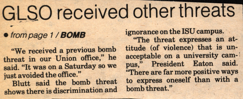 Iowa State Daily article discussing a bomb threat at the Margaret Sloss Women's Center, at the same time as a GLSO was meeting.