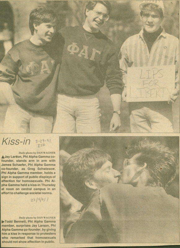 Iowa State Daily clipping showing various photographs of the  "Kiss-In" event held by Phi Alpha Gamma, where people kissed to combat homophobia.