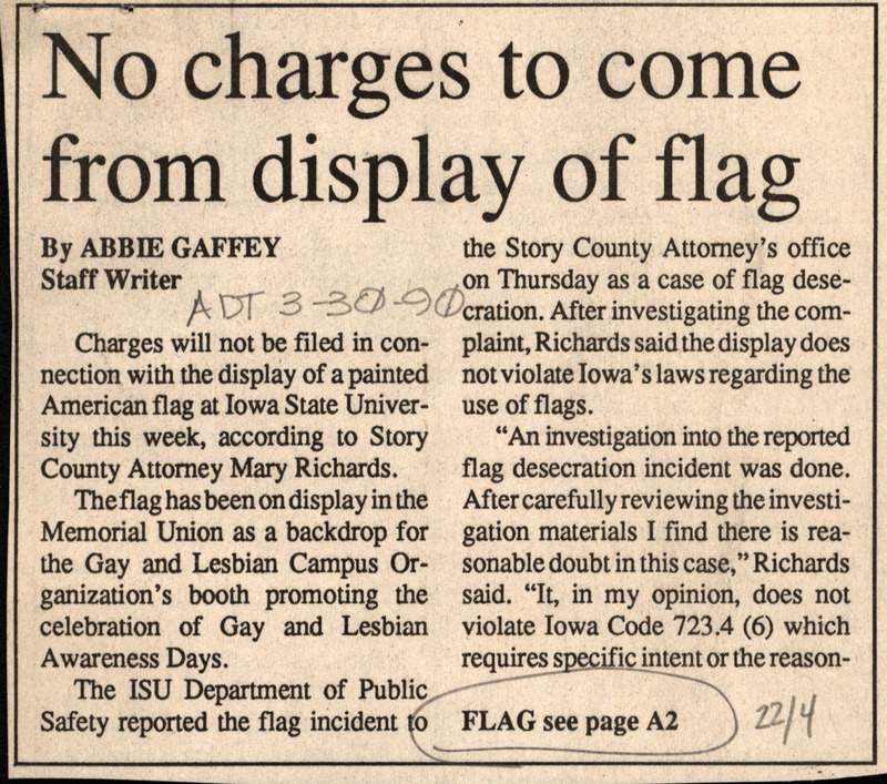 Iowa State Daily article discussing the modified US flag that was an act of activism by LGBT+ students on campus in order to bring visibility for the AIDS crisis.