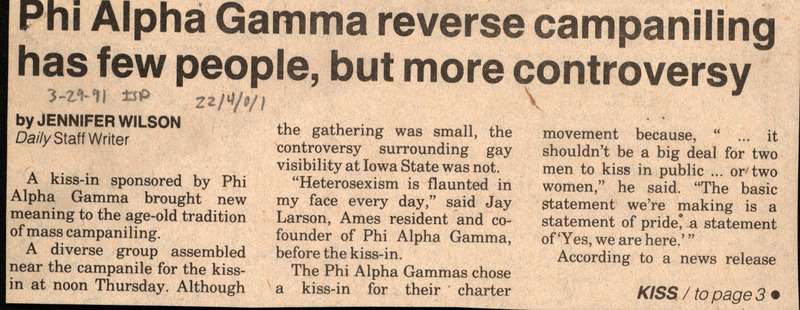 Iowa State Daily article discussing an event hosted by Phi Alpha Gamma, in which members of Phi Alpha Gamma followed the ISU tradition of campagniling.