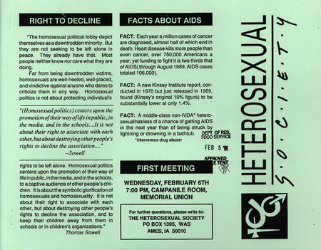 Heterosexual Society flier discussing the purpose of the heterosexual Society at Iowa State University.  It also list statements about AIDS.