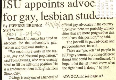 Iowa State Daily article discussing a new LGBT+ advocate on campus. His name was Tom Owings, a graduate student in English.