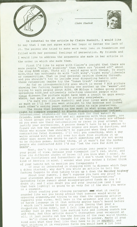 Flier posted in rebuttal to Claire Hueholt's article on the "stop AIDS signs" appearing at Iowa State University.