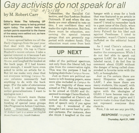 Iowa State article discussing how Claire Hueholt's remarks in the ISU Daily do not represent all members of the LGBT+ community at Iowa State. Carr is LGBT+ but "right-wing."