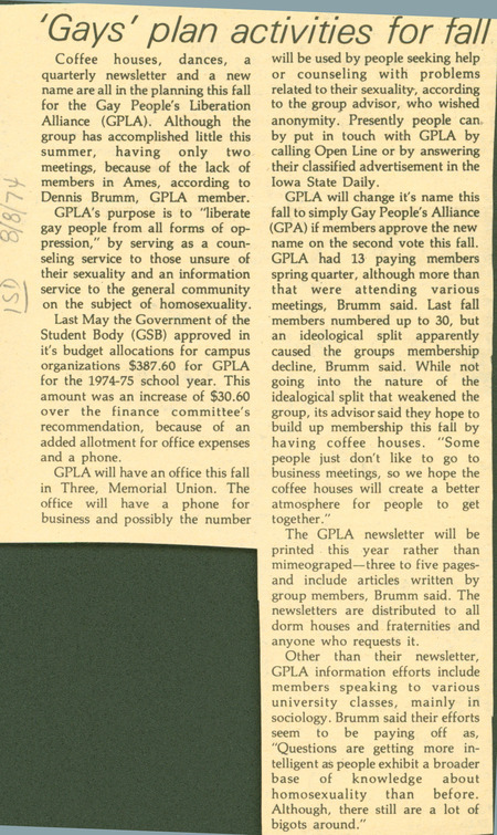 Iowa State Daily article discussing how the Gay People's Liberation Alliance (GPLA) planned activities for the fall, and the release of their newsletter.