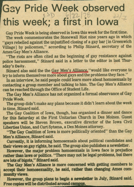 Iowa State Daily article about Gay Pride Week being observed for in Iowa for the first time.