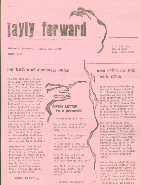 Gayly Forward newsletter, February 1974. The newsletter shares stories of various community members at Iowa  State University and highlights up to date information on LGBT+ students.