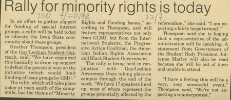 Iowa State Daily article discussing a  rally that intended to protest the student government budget cuts to minority groups on the Iowa State University campus.