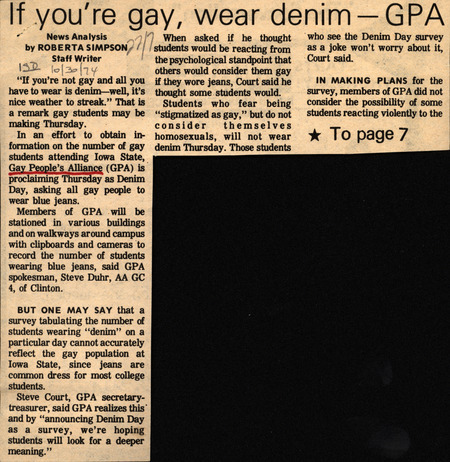 Iowa State Daily article discussing Gay People's Alliance declaring a wear denim if you are gay day.