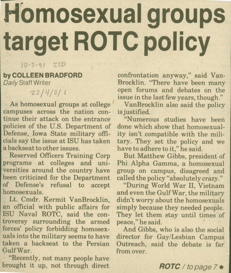 Iowa State Daily article discussing  the ROTC policy that discriminated against people who are LGBT+.