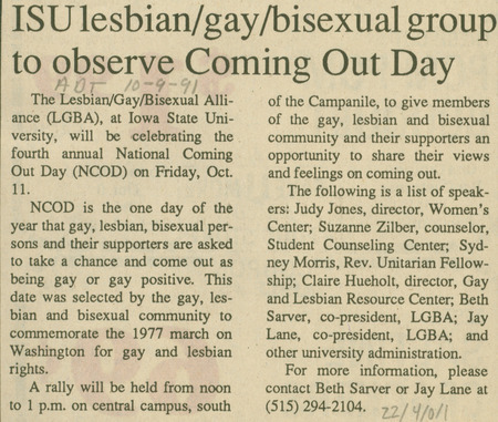Iowa State Daily article discussing  Lesbian/Gay/Bisexual Alliance (LGBA) celebration of  Coming Out Day at Iowa State University.