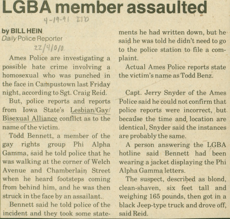 Iowa State Daily article discussing an assault of a member of the LGBA community at Iowa State University on Welch Avenue.