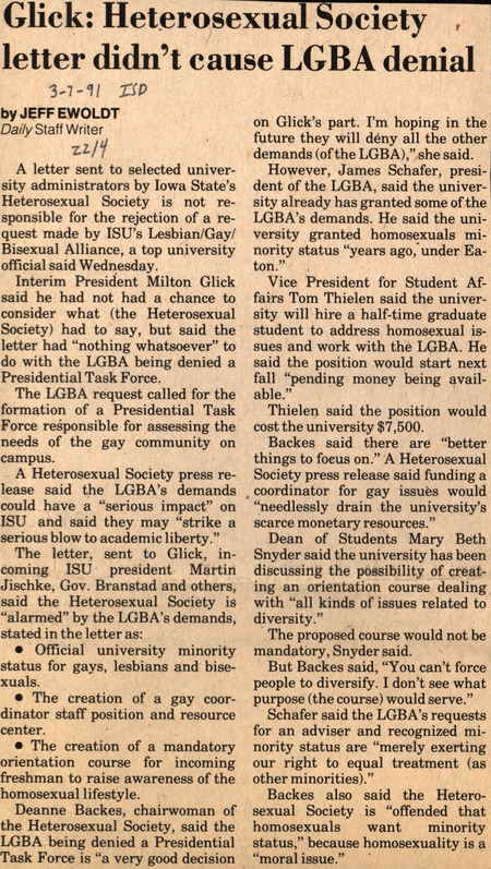 Iowa State Daily article discussing a letter from the Heterosexual Society did not affect the denial of a presidential task force representing LGBT+ students at Iowa State University.