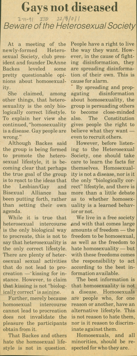 Newspaper article informing people to ignore the message of the Heterosexual Society message, and that LGBT+ people are not diseased.