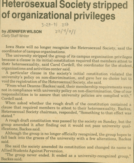 Iowa State Daily article discussing the debarment of the  Heterosexual Society and how Iowa State is no longer recognizing it as an official organization.