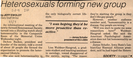 Iowa State Daily article discussing a new heterosexual student social group to combat LGBT+ students on campus.