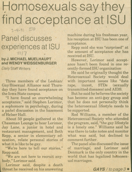 Iowa State Daily article discussing  students find acceptance for their LGBT+ identities on Iowa State University campus.