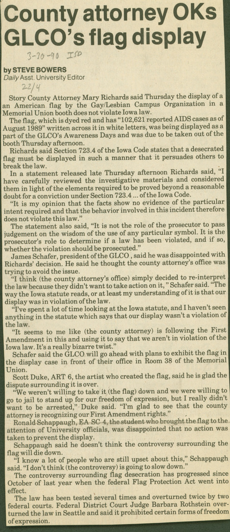 Iowa State Daily article discussing the  county attorney approval to display the USA flag dyed red, to represent with the  number of  people who have died of AIDS.