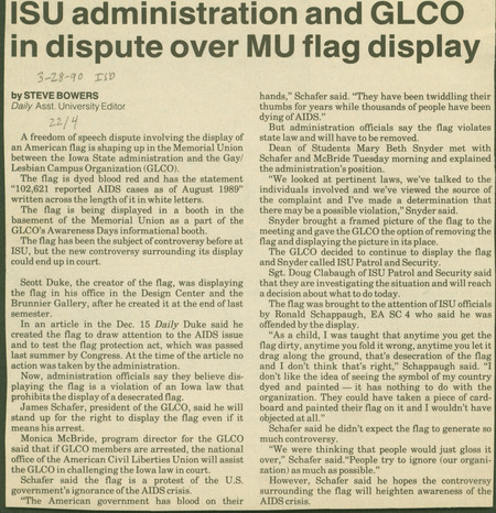 Iowa State Daily article discussing  Iowa State University administrations disapproval of the Gay/Lesbian Campus Organization (GLCO's) display of a USA flag dyed red with the names of people who had died from AIDS.