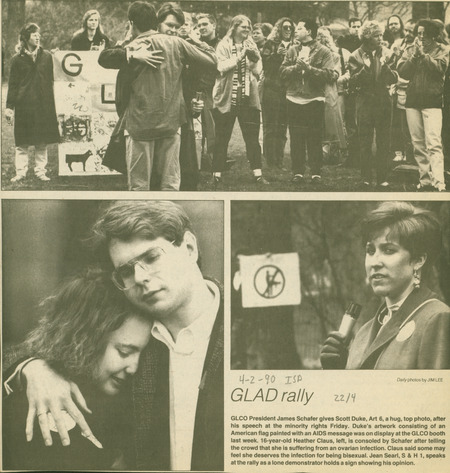 Iowa State Daily clipping showing various photos from a GLAD rally.