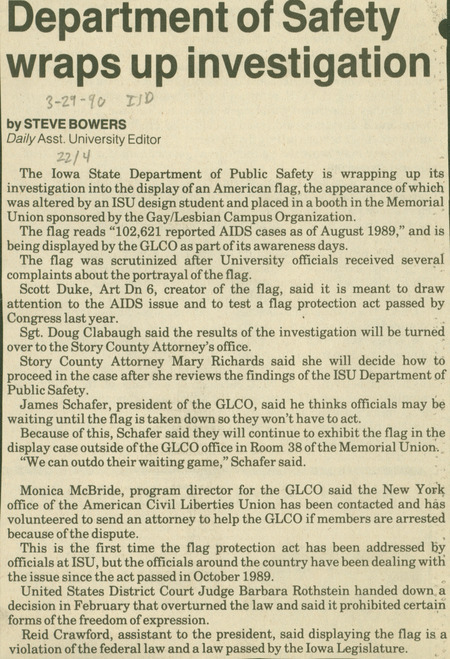 Iowa State Daily article discussing a Department of Safety investigation, that concluded that the flag altered by the GLCO was a violation of the federal law.