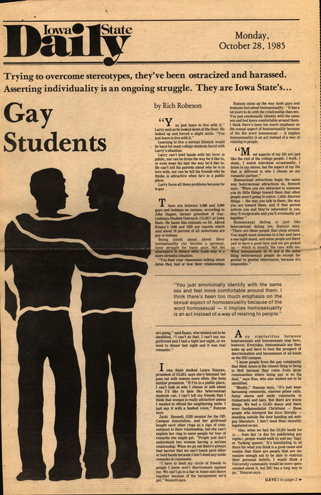 Iowa State Daily new spread discussing the LGBT+ experience at Iowa State University.