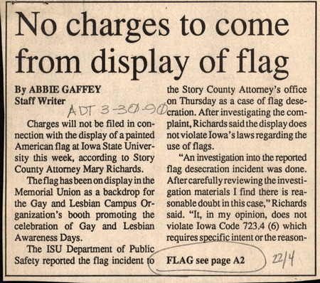 Iowa State Daily article discussing the modified US flag that was an act of activism by LGBT+ students on campus in order to bring visibility for the AIDS crisis.