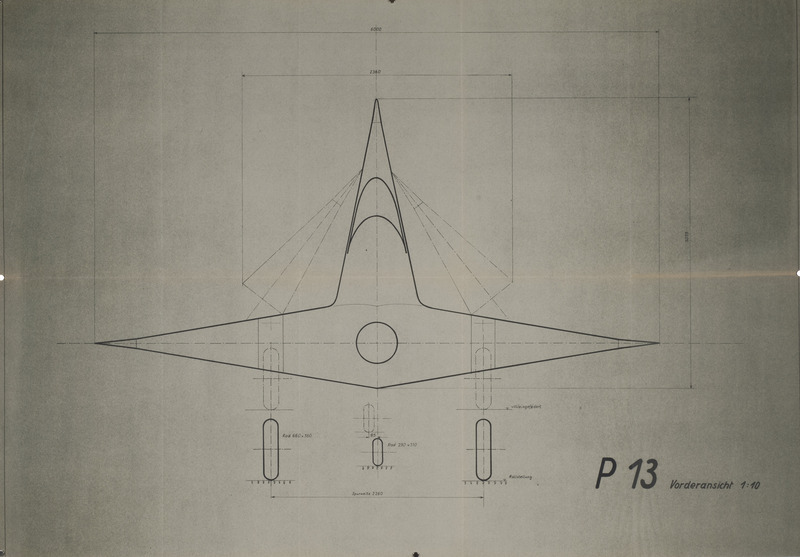Tail end view blueprint drawing of the P13 aircraft.
