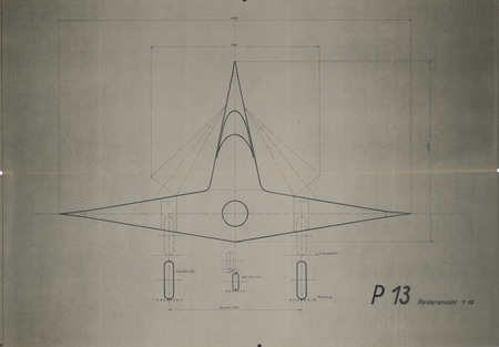 Tail end view blueprint drawing of the P13 aircraft.