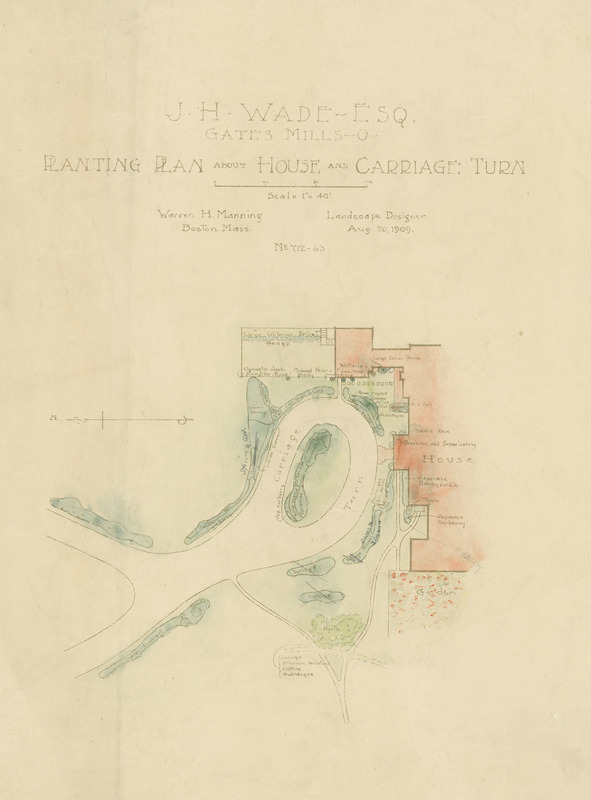 Planting plan about house and carriage turn for J. H. Wade, Gates Mills, Ohio, August 20, 1909. Watercolor on brownline print. Dimensions: 14.5 x 19". Scale: 1 = 40'.   Project number: 712