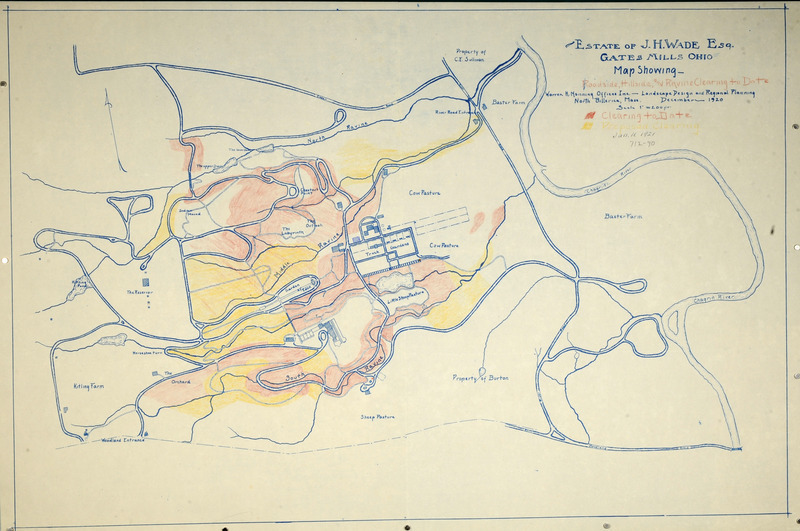 Map, showing roadside, hillside, and ravine clearing to date (also shows proposed clearing) of the estate of J. H. Wade, Gates Mills, Ohio, January 11, 1921. Colored pencil on blueline print. Dimensions: 24 x 36". Scale: 1 = 200'.   Project number: 712