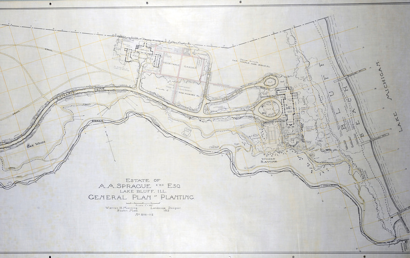 Landscaping, general plan of planting at A. A. Sprague residence, Lake Bluff, Illinois, 1913 (partial view, right side). Colored pencil and ink on tracing cloth. Dimensions: 31 x 68". Scale: 1 = 40'.   Project number: 898