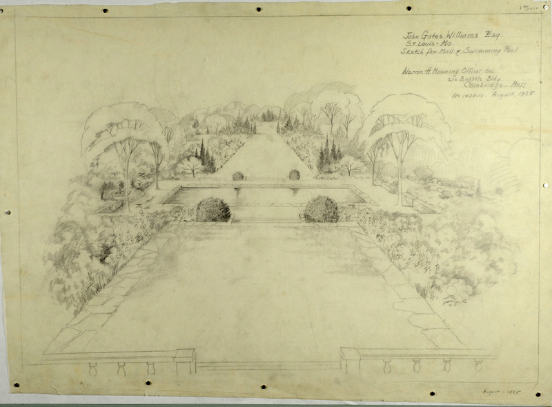 Sketch for mall and swimming pool for John Gates Williams, Saint Louis County, Missouri, August 1925. Pencil on tracing paper. Dimensions: 21.5 x 30".   Project number: 1429